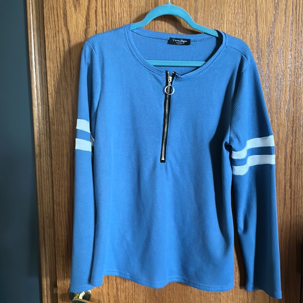 Blue and white zipper front, long sleeve shirt. Waffle fabric. Never worn!
